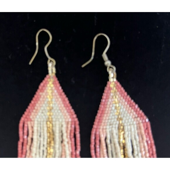 Boho Seed Bead Dangle Drop Earrings Multicolor Pink Gold Beige - Picture 3 of 4